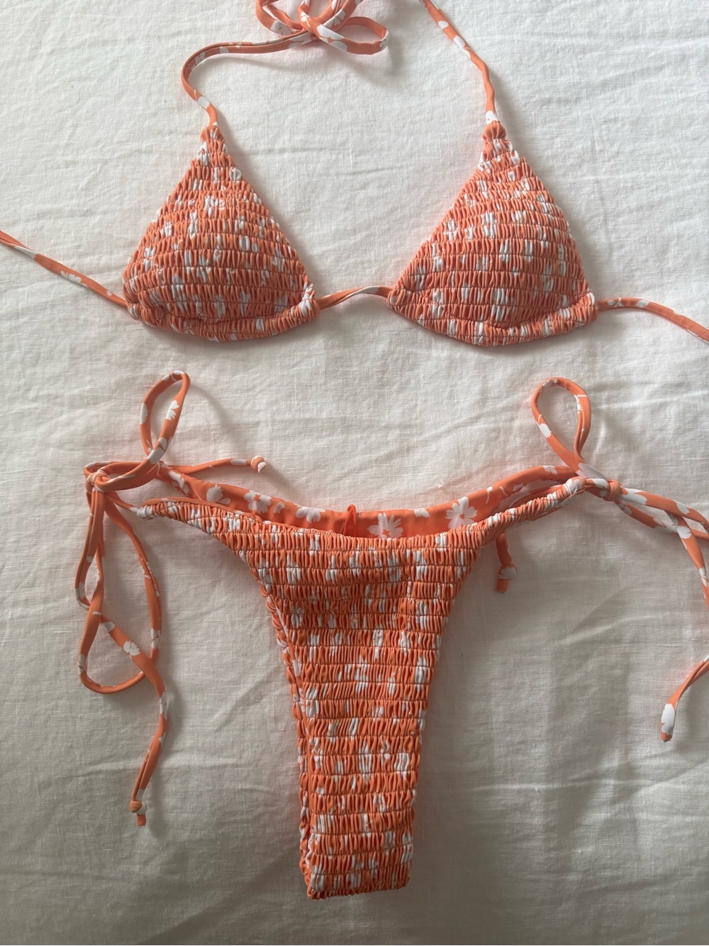 Zaful Orange and White Floral Smocked Bikini Set